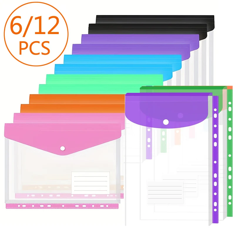 

6/12pcs A4 Transparent Binder Pocket Organizer Folders 11 Holes File Bag Document Pouch with Button Label for School Home Office
