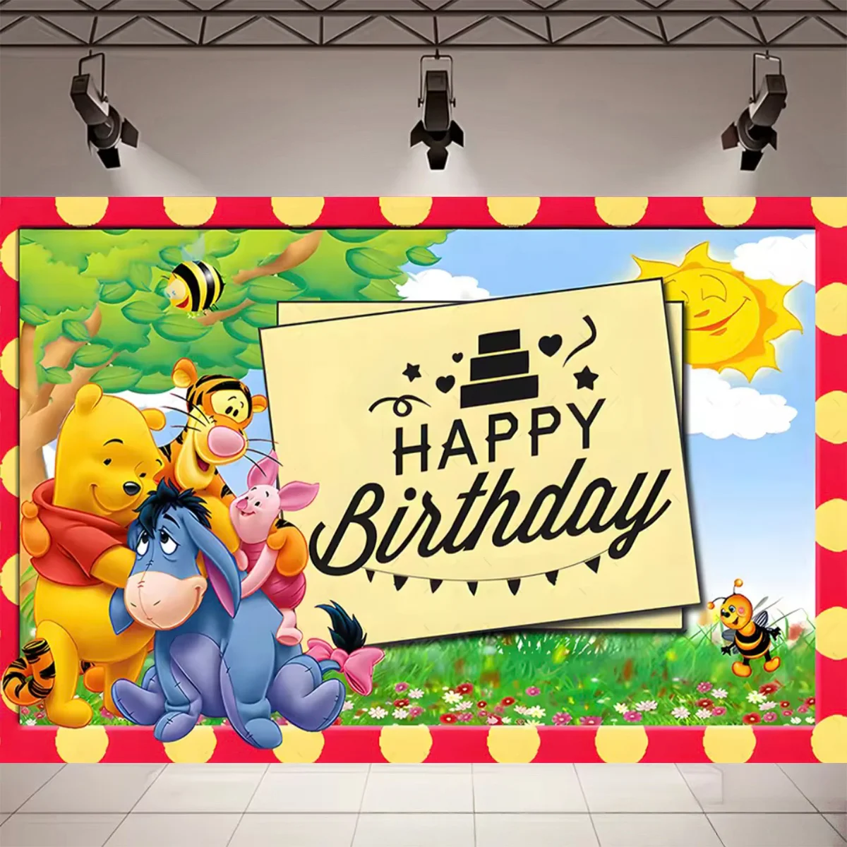 Cartoon Winnie The Pooh Willkommens-Baby-Hintergrund, süßer Bär, Honigbiene, für Kinder, Neugeborene, Babyparty, Fotografie-Hintergrund, Geschenk – Detail 10