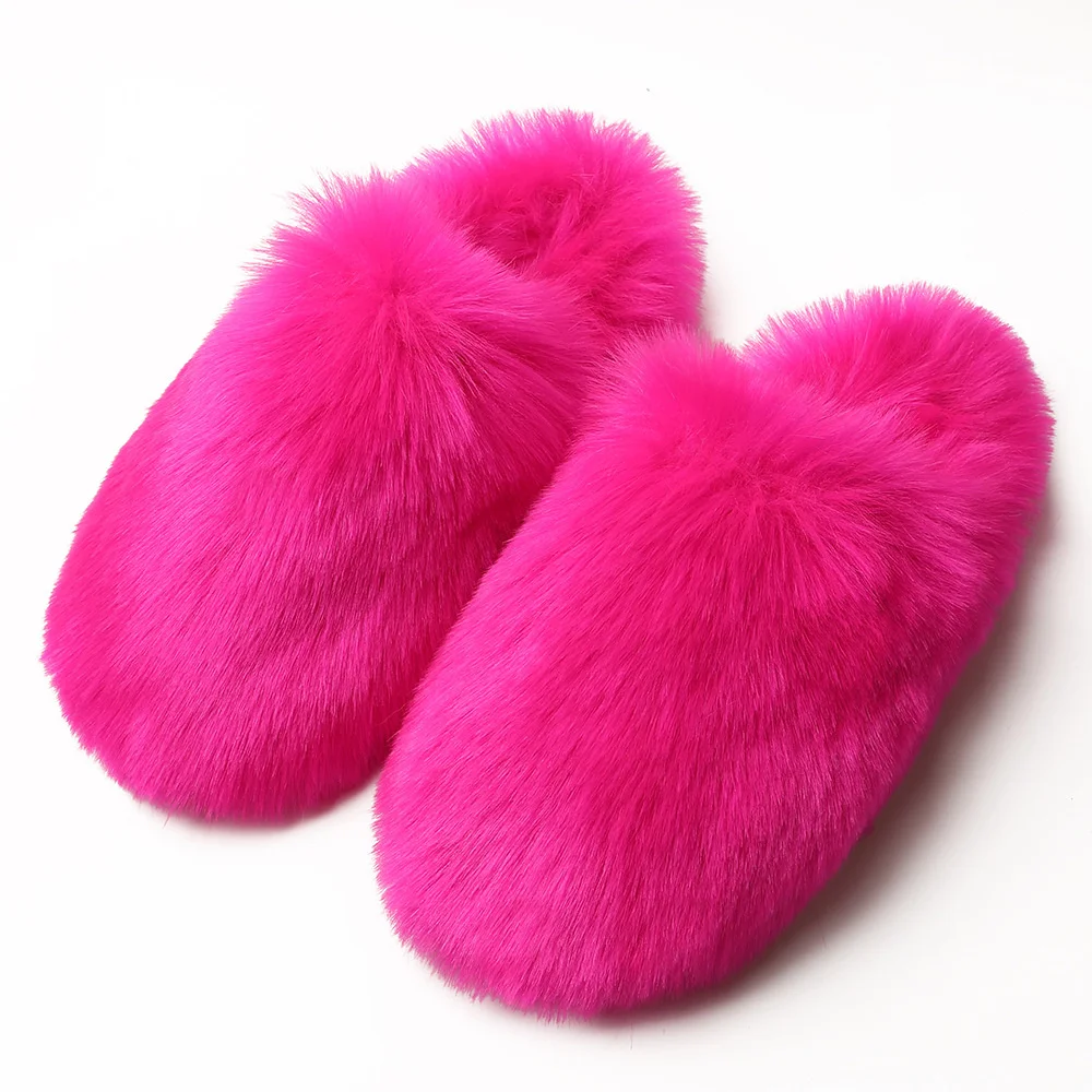 Luksusowe kapcie ze sztucznego futra Furry Shoes Women Raccoon Fox Fur Slides Flat Plush Fuzzy Flip Flop Winter Warm Fluffy Slipper Woman