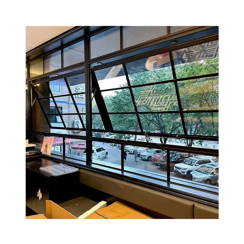 Commercial Grade French Aluminum Awning Windows with Black Metal Grid High Wind & Humidity Resistance for Commercial