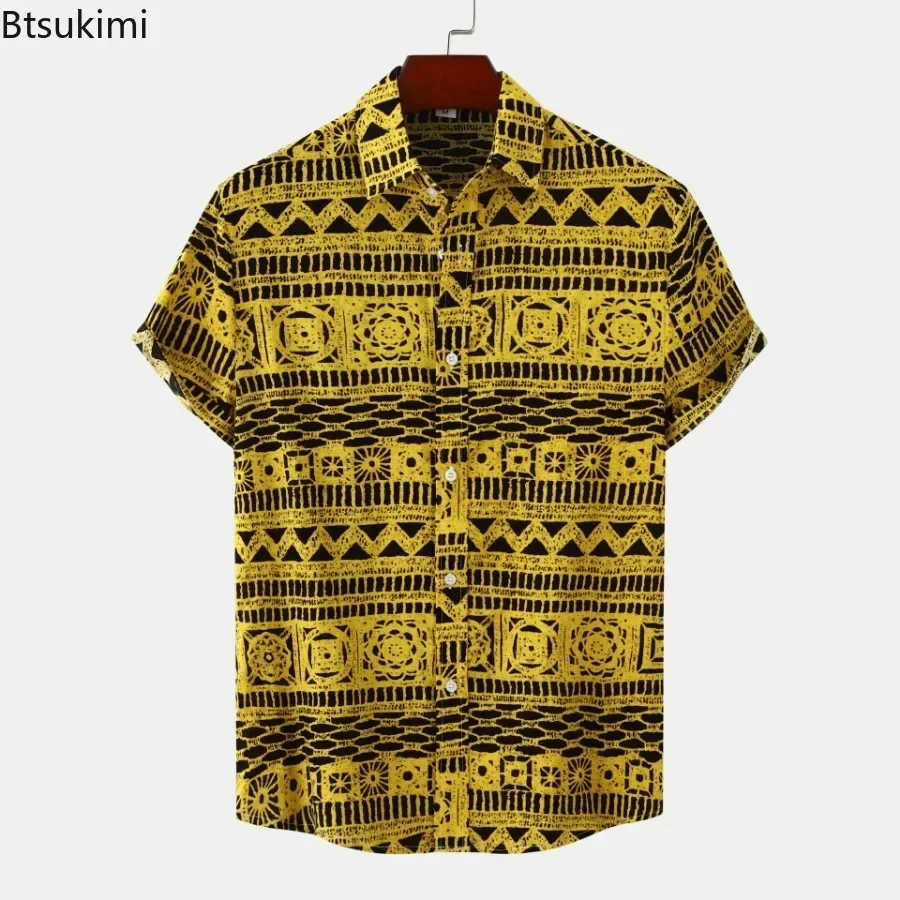 2025 Men's Ethnic Style Printed Shirts Summer Short Sleeve Casual Loose Tops Fashion Retro Daily Beach Holiday Shirt Male Blouse