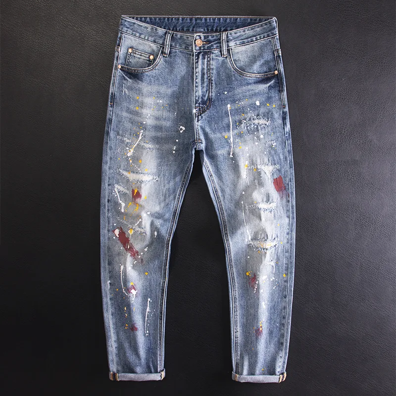 

High-End Paint Splatter Graffiti Patch Ripped Jeans for Men Slim Fit Stretchy Small Straight Design Sense Cool Trendy Pants