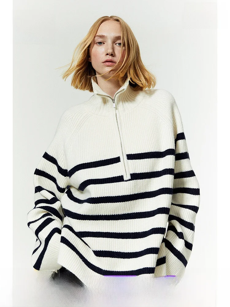 

Soft Knitted Women's Top with Zipper Ribbing H&M Autumn Collection Long Sve Regular Length Polyester Acrylic Nylon Wool Blend