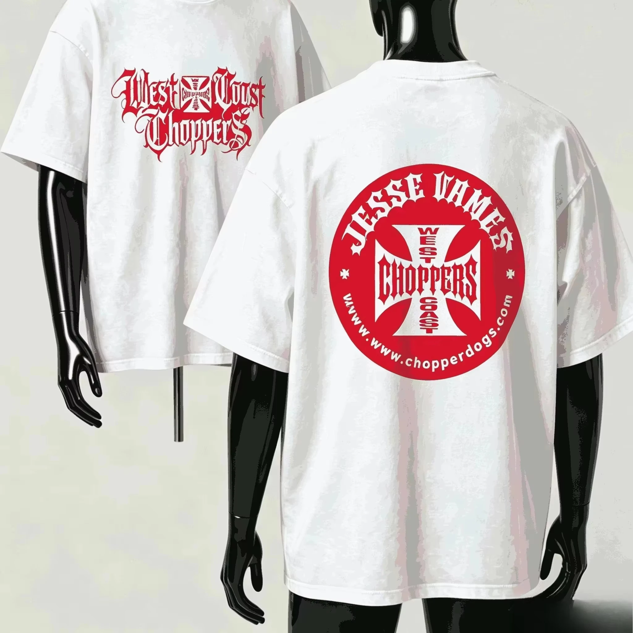 2026 New West Coast Choppers Unisex Oversized Streetwear TShirt Red Gothic Biker Round Cross BadgePrint Graphic Tees Cotton Tops