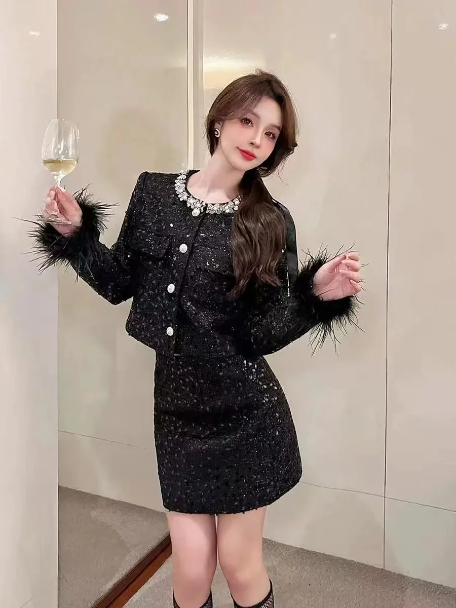 Socialite Light Luxury Sequin Women\'s Suit Jacket Autumn Round Neck Ostrich Short Coat Top Slim-Fit A-line Skirt Two-piece Set