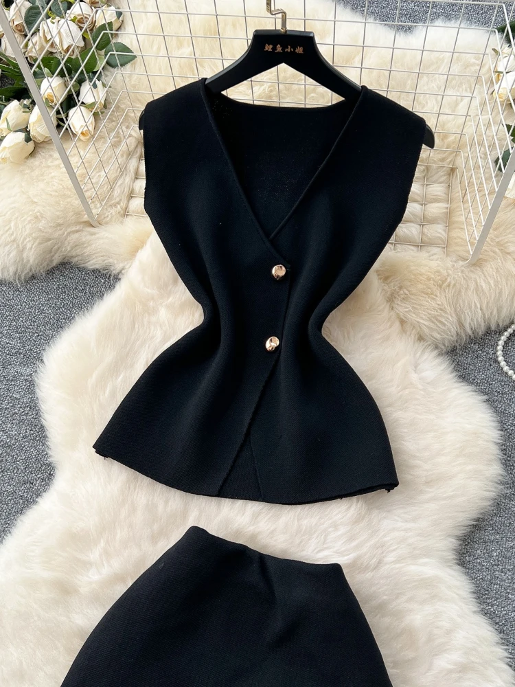 Sommer Frauen Ärmelloses Strick Top Hohe Taille Spleißen Hüfte Umarmt Rock Set Temperament High-end-Zwei-stück Set