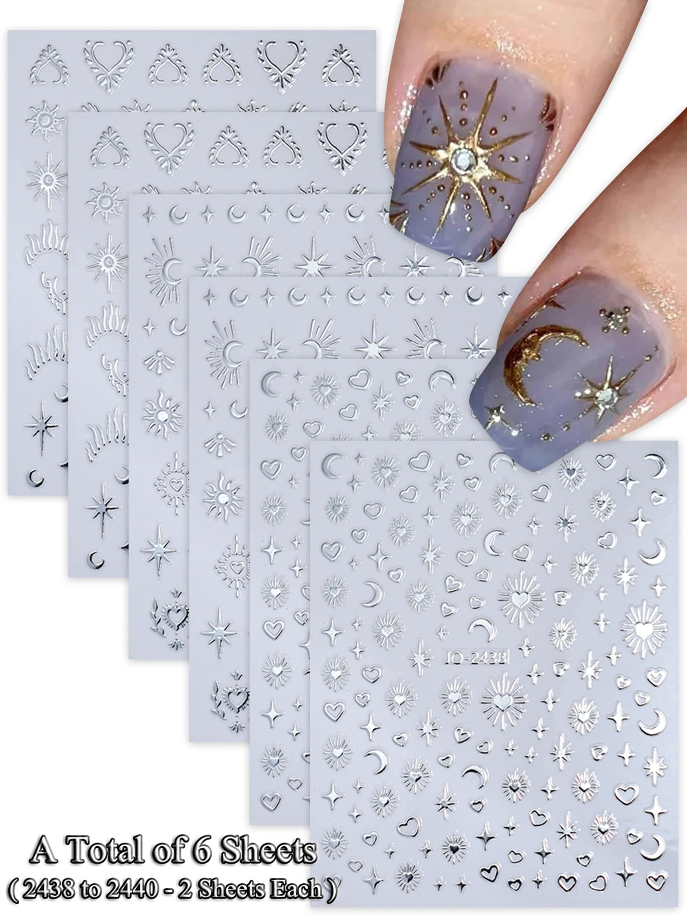 6/12/24 Vellen Gouden & Zilveren Ster, Maan & Hart Nagelstickers, Zelfklevende 3D Nageldecoratie Stickers voor DIY Manicure Decoratie