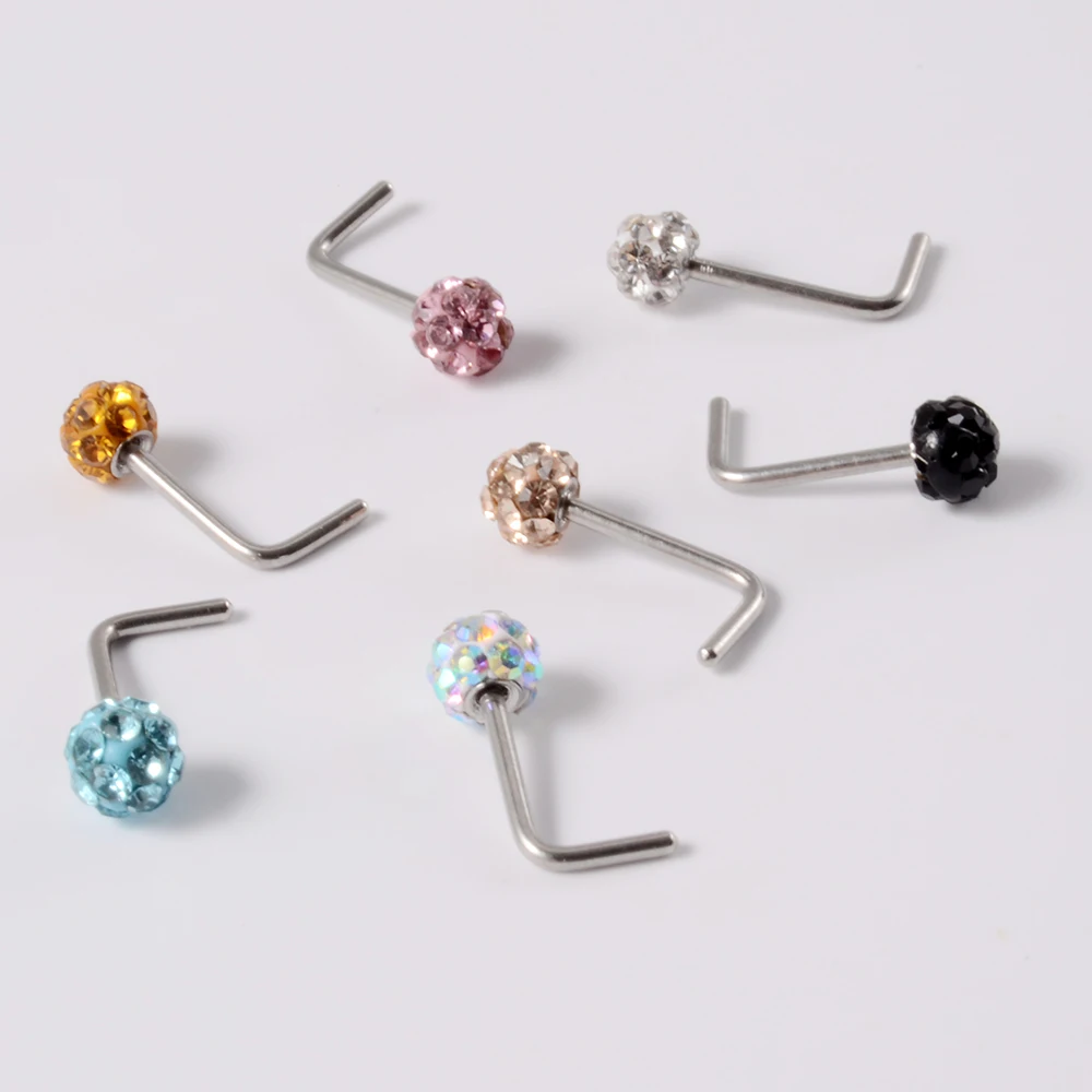 1Pc  3mm Multi Crystal Ball Nose Ring Piercing L Shape Nose Screw Retainer Cute Nose Bone Body Jewelry