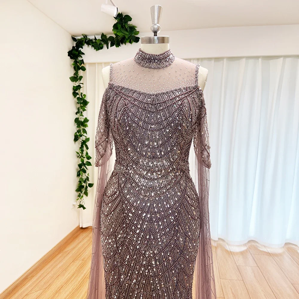 Customized Elegant Mermaid Evening Dress With Cape Sleeves 2024 For Women Beads Pearls High Neck Long Formal Prom Wedding Party