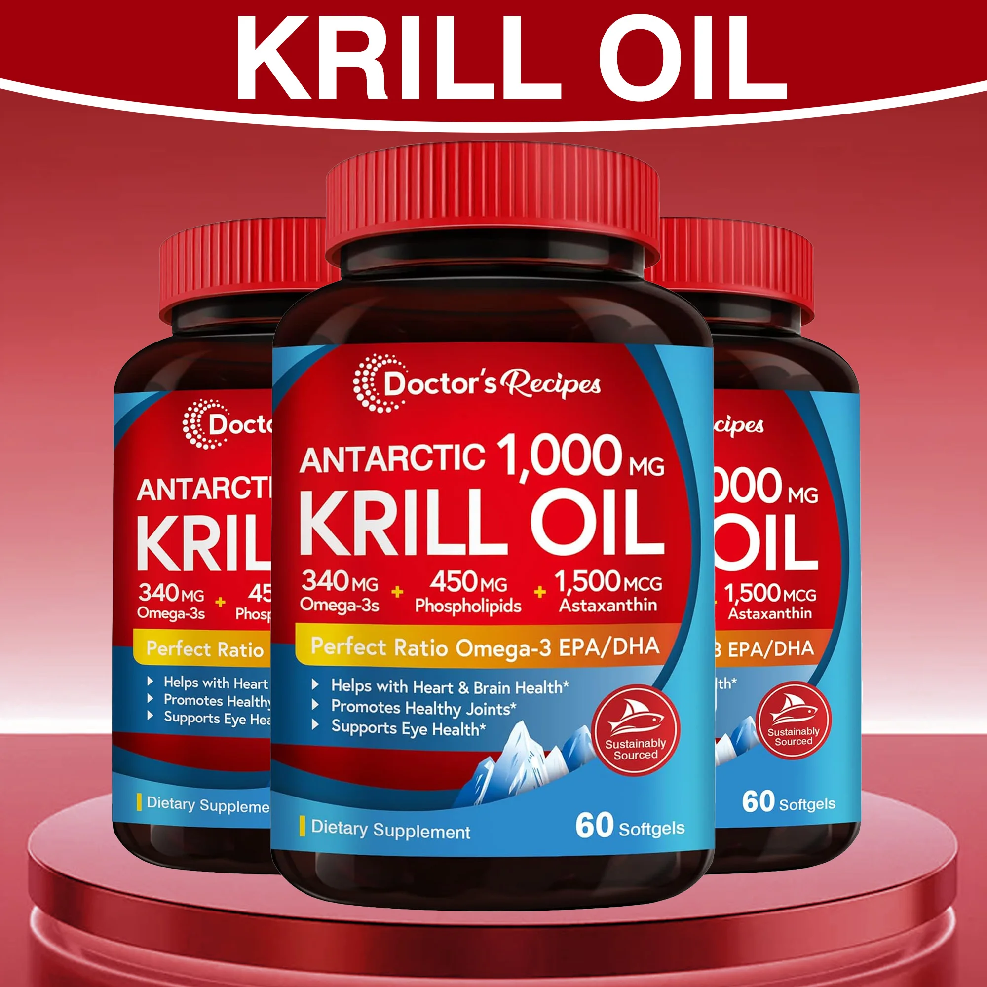 

Antarctic Krill Oil Capsules - Omega-3 EPA, DHA, with Astaxanthin for Joint, Brain, Immune and Cardiac Support
