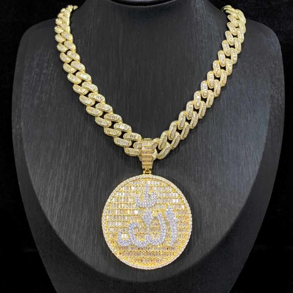 Geometric Round Shaped Square Cubic Zirconia 5A CZ Iced Out Bling Allah OM Pray Men Hip Hop Pendant with Cuban Chain Necklace
