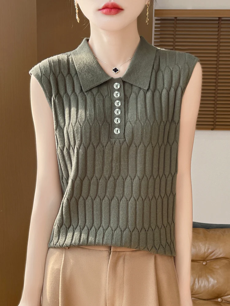 

Women's Sleeveless Polo Neck Worsted Wool Knit Shirt Vest Spring/Summer 2025 New Loose Soft Hollow Out Underlay Camisole Tops