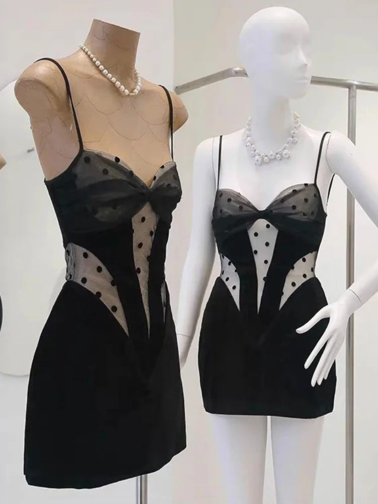 

Elegant Sexy Black Mesh Splice Strapless Dress Women's Slimming Skirt High Quality Polyester Fabric No Sleeve Mid-Length Zipper