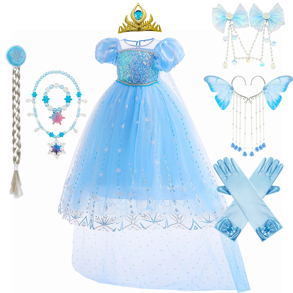 Elsa Kleid für Mädchen Halloween Cosplay Kostüm Luxus flauschige Prinzessin Kleidung mit Umhang Schneeflocke Pailletten Party elegantes Kleid