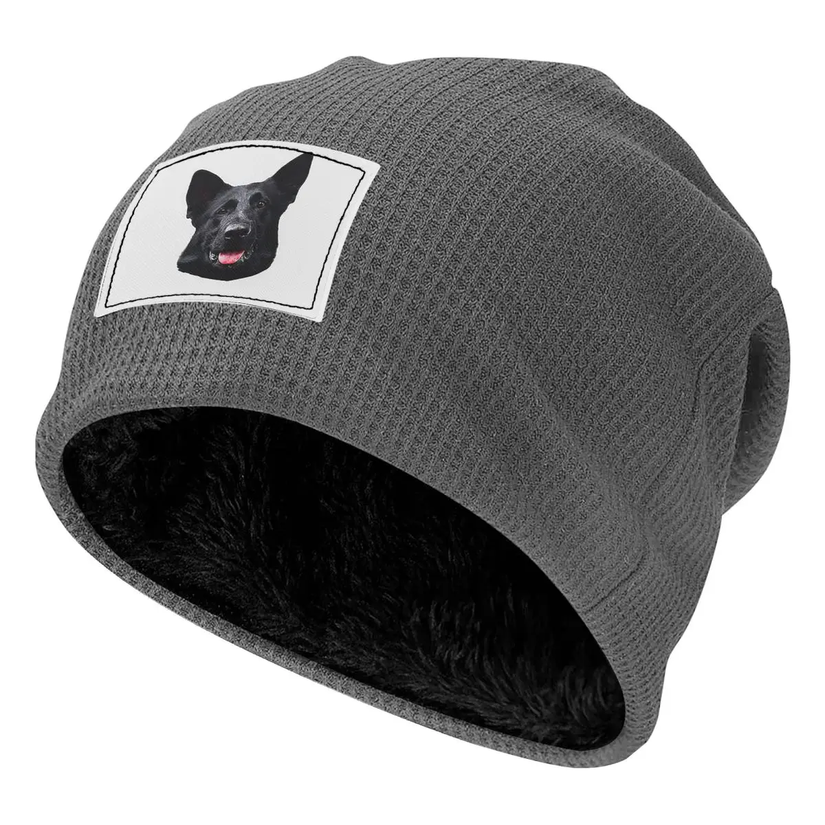 Black German Shepherd Dog Stunning Waffle Knit Fleece Lined Beanie with PU Leather Patch Unisex Warm Winter Soft Cap