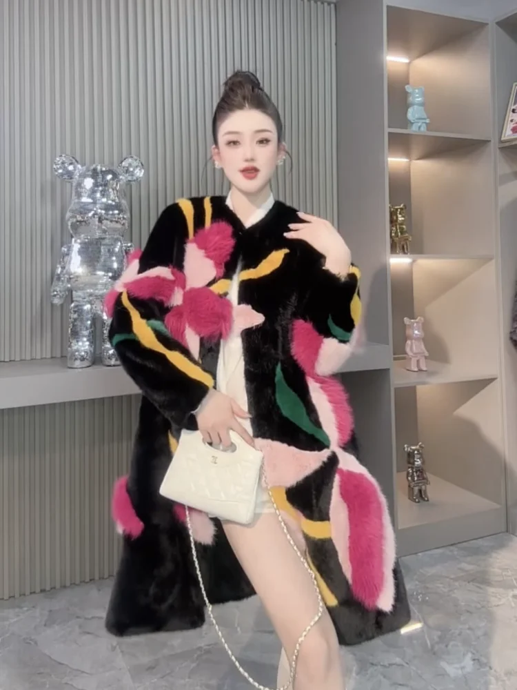 2025 Winter New Faux Fur Coat Women Mid-Length Round Neck Over-the-Knee Faux Mink Fur Coat Women Winter Jacket