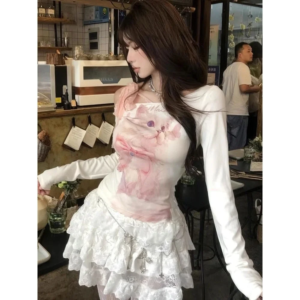 

Женская футболка с длинным рукавом и открытыми плечами в стиле Y2K, белая, приталенная, из премиального льняного материала, с рукавами А-силуэта