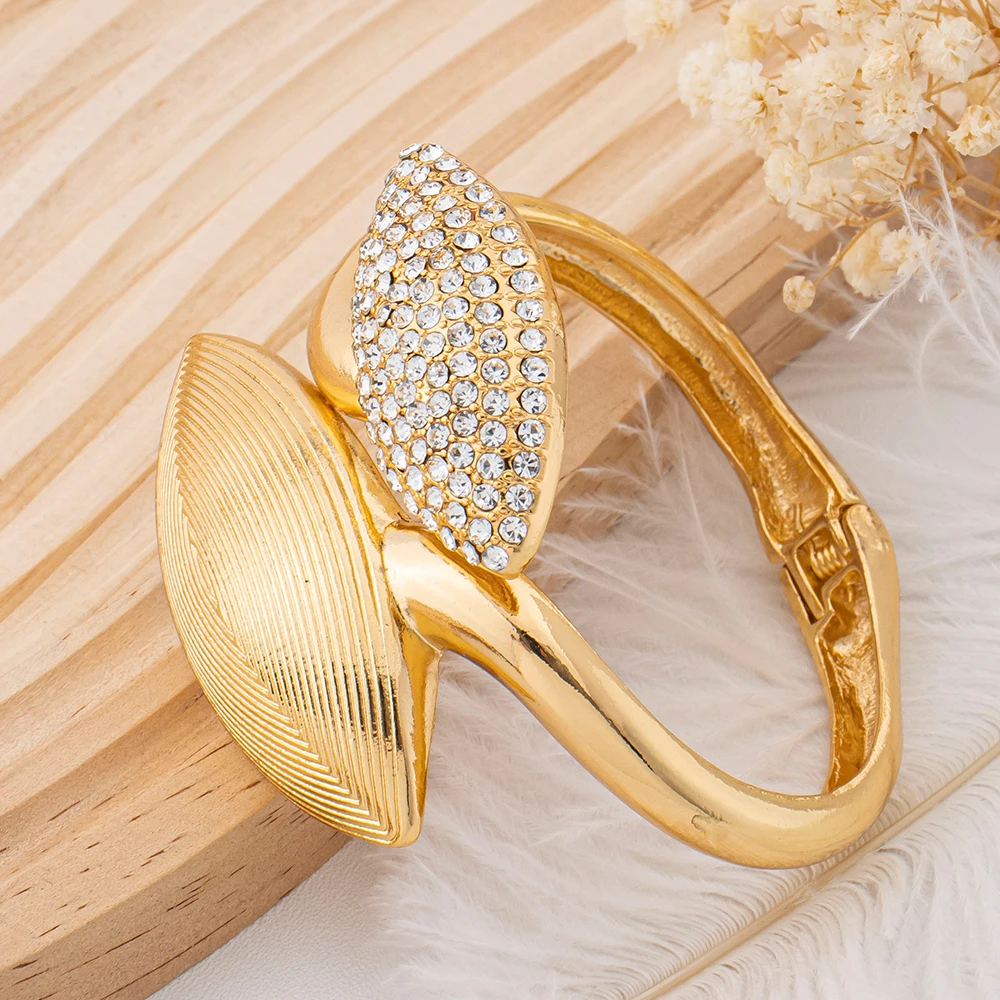 Vintage vergoldetes Blatt-Armreif-Ring-Set, vollständig mit Strasssteinen besetztes Armband, verstellbarer Ring für Damen, Abendparty-Schmuck – Detail 5