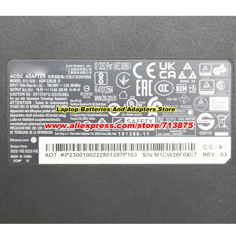ADP-230JB D 19.5V 11.8A 230.1W Adapter for Predator Triton 500 PT515-52-762E Nitro AN515-58 N20C3 5.5x1.7mm