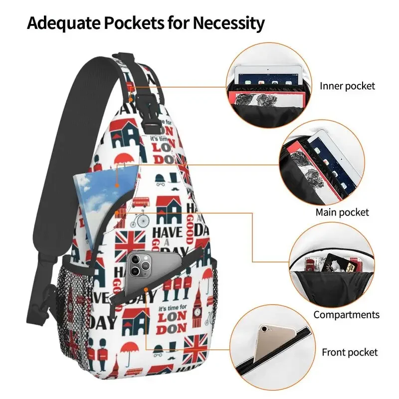 Mochila crossbody sling para homens, Reino Unido Londres colagem, Reino Unido padrão britânico, bolsa de ombro no peito para viajar, mochila, personalizada