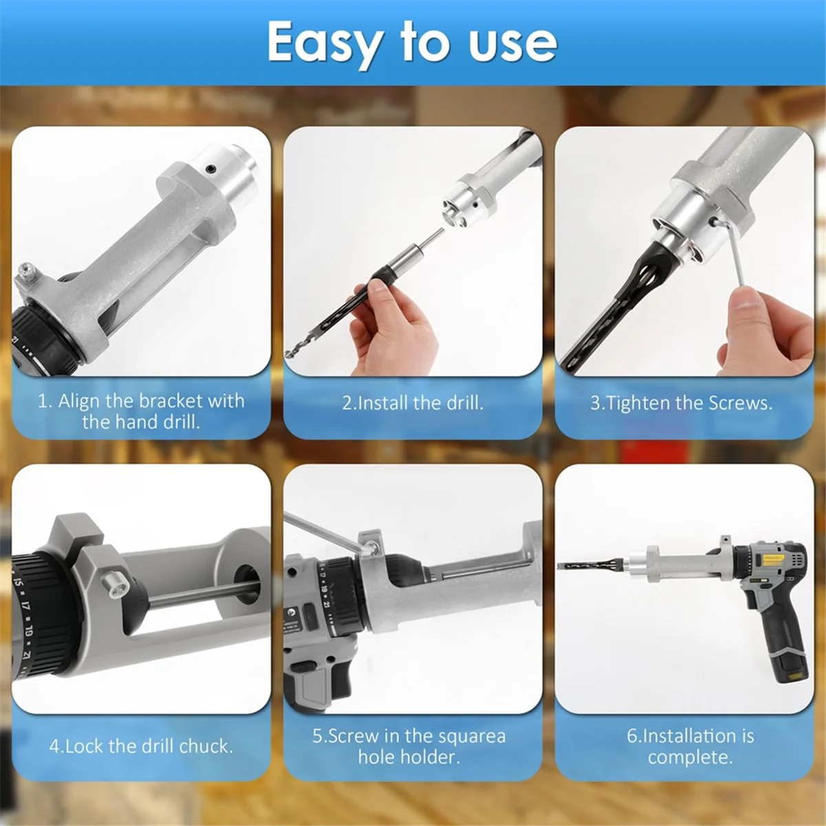 Square Hole Drill Bit Adapter with Drill Bits, Mortising Attachment, Aluminum Hole Drill Mounting Bracket, Drill Fixing