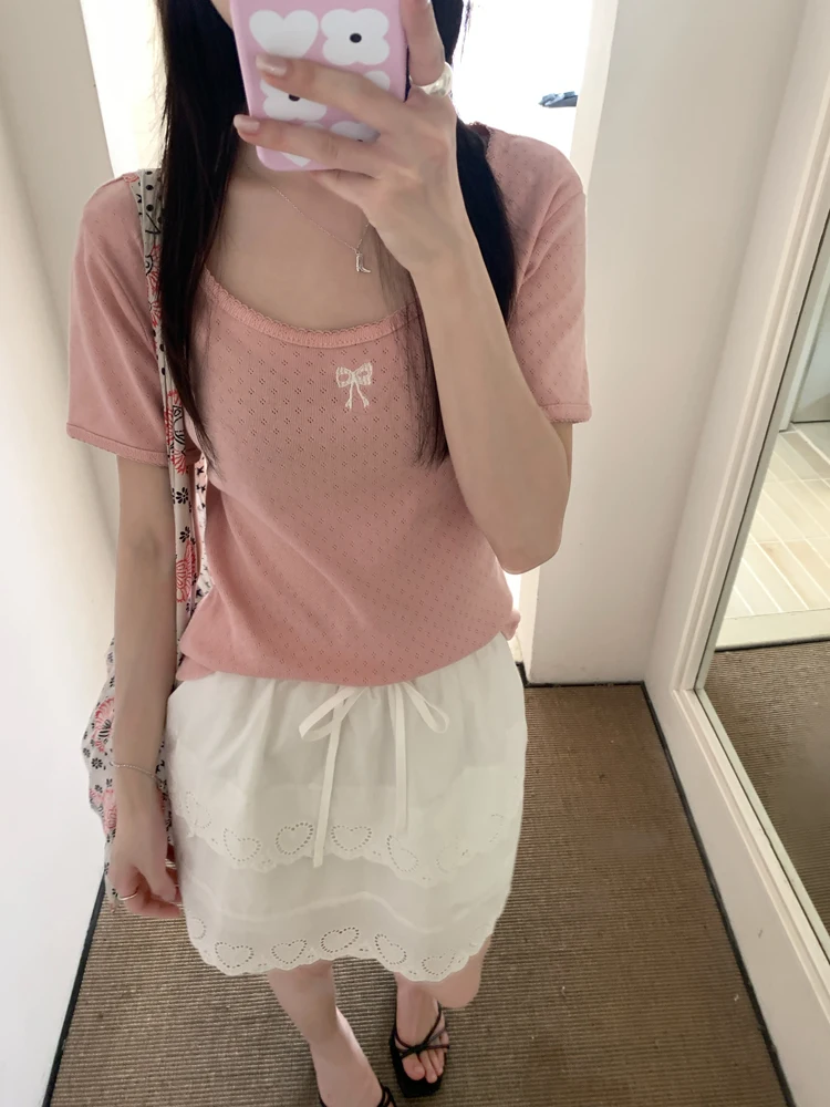 6Colors 2024 Summer korean style U Neck Short Sleeve t-shirt Womens Embroidery tops Tees shirt femme (X3382