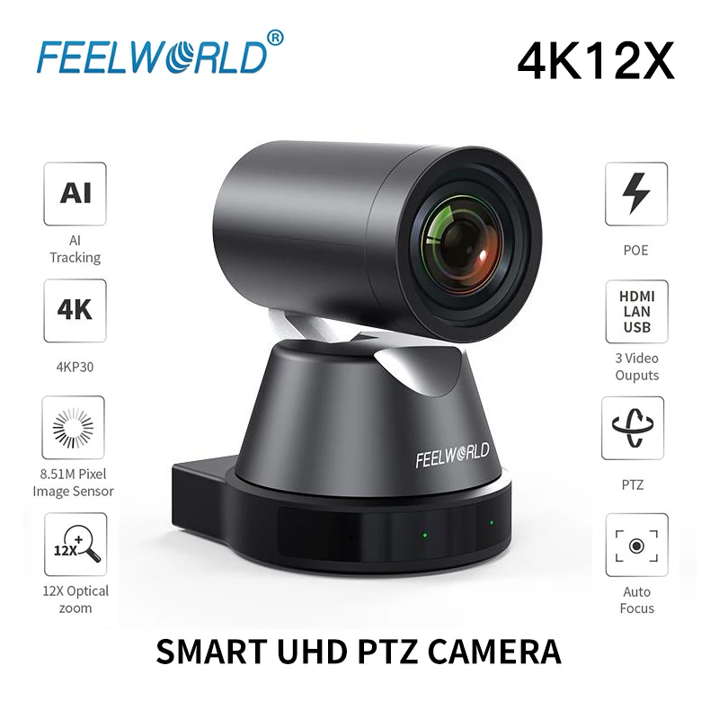 FEELWORLD 4K12X 4K PTZ Camera 12X Optical Zoom AI Tracking HDMI USB IP Remote Control