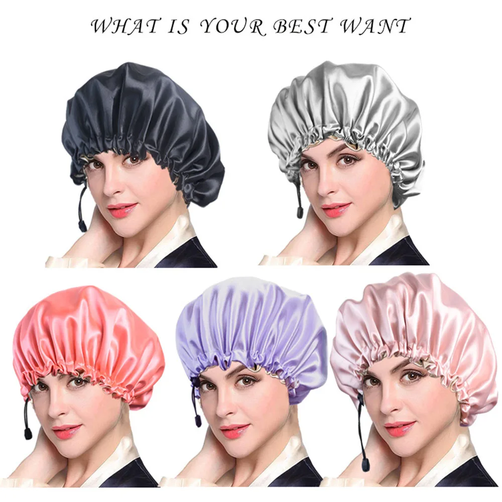 Waterproof Bath Hat Women Shower Cap Elastic Reusable Bath Hat Bathroom Double Layers Hair Cover Women Bathroom Accessories