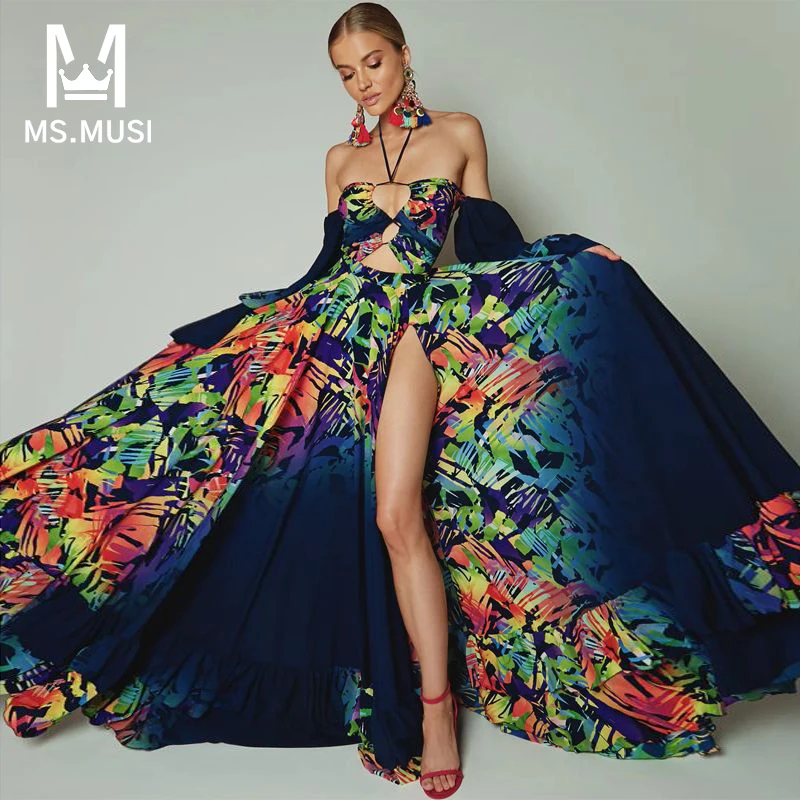 MSMUSI 2023 New Fashion Women Sexy Halter Printing Hollow Out Long Sleeve Backless Bodycon Party Club Slit Maxi Dress Long Gown