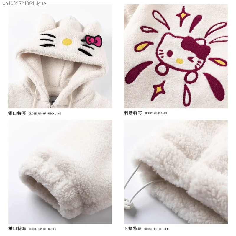 Sanrio Hello Kitty Clothes New Lamb Plush Zipper Top Shirts Hooded Y2k Cute Loose Coat Women Fashion Embroidered Cardigan Hoodie