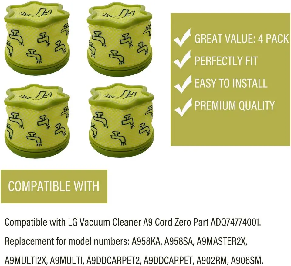 Filtro hepa para lg cordzero a9 a958va a958sa a958ia a938sa a9k master/extra a905rm a906sm aspirador de pó parte adq 74774001