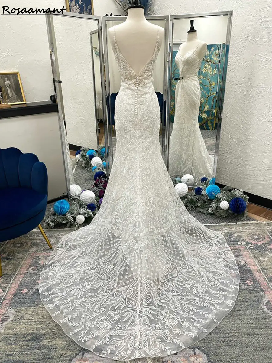 Богемные бретельки с открытой спиной Свадебные платья русалки без рукавов Аппликации Кружевные деревенские свадебные платья