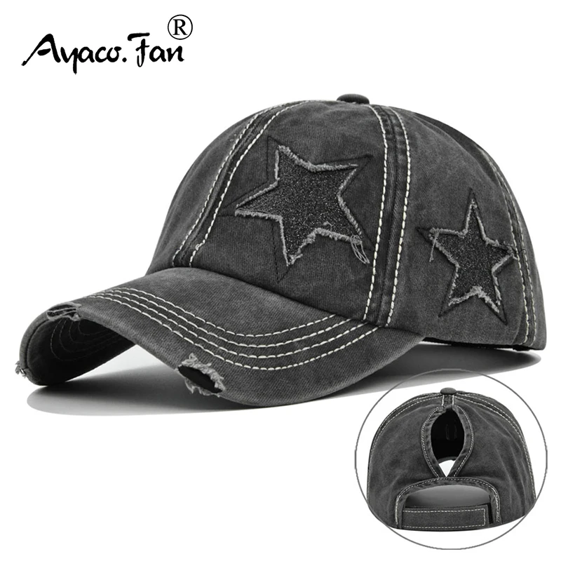 Hole Star Baseball Cap New Spring Sunhat Washed Girls Women Cotton Snapback Caps Fashion Hip Hop Vintage Female Ponytail Hat