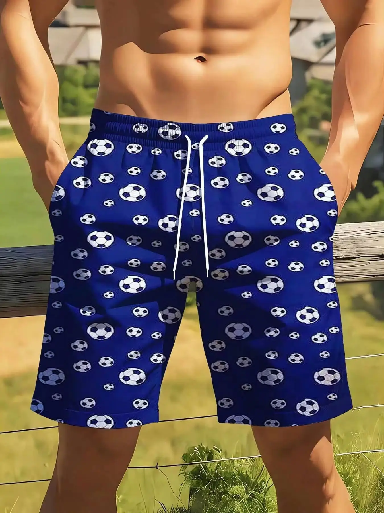

Blue Soccer Ball Print Swim Trunks For Men Quick Dry Beach Shorts With Drawstring Comfortable Fit For Summer Outdoor Activities Big Size Sui