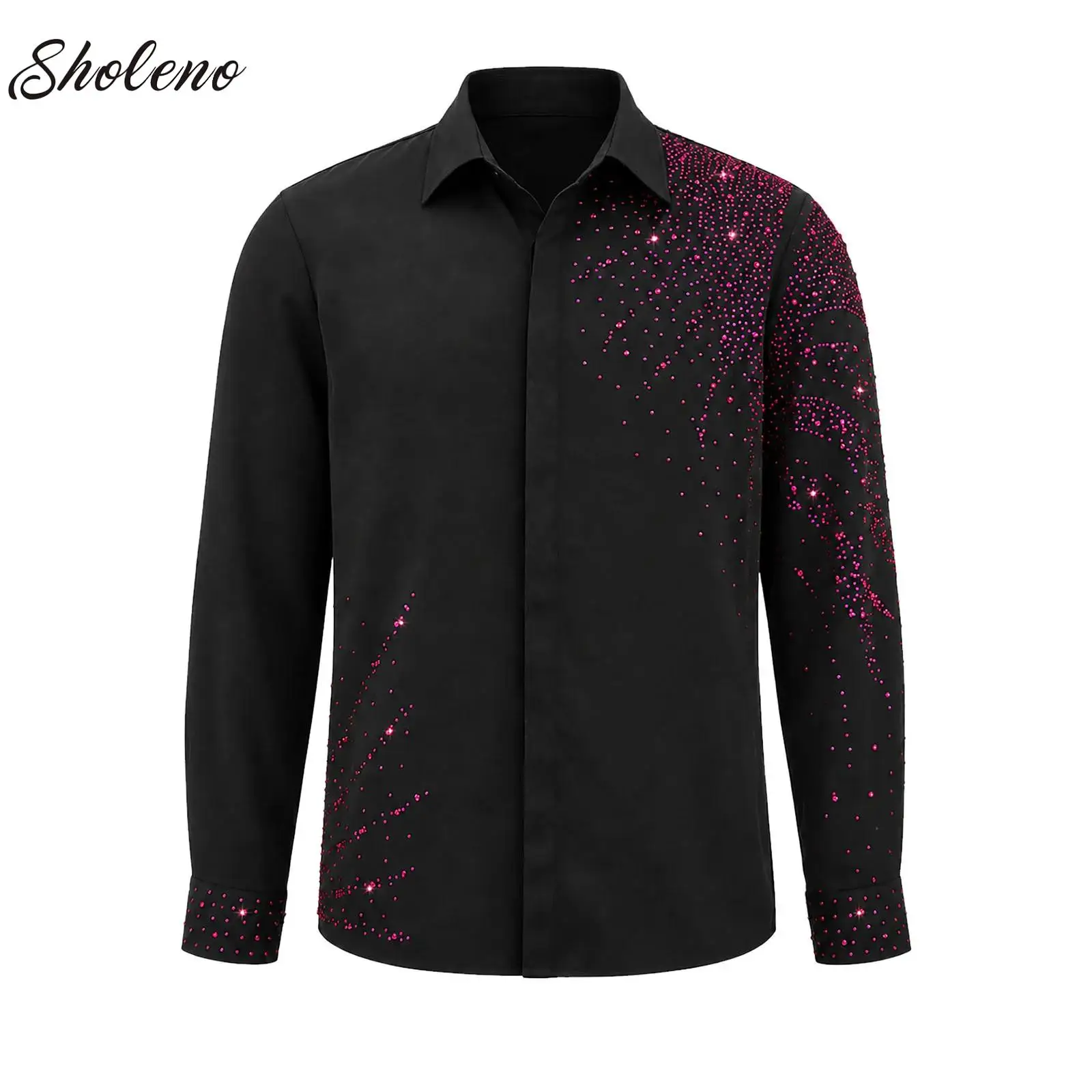 Men's Latin Dance Tops Shirt Shiny Rhinestones Long Sleeves Practice Tops Adult Male Cha Cha Rumba Ballroom Dance Clothing
