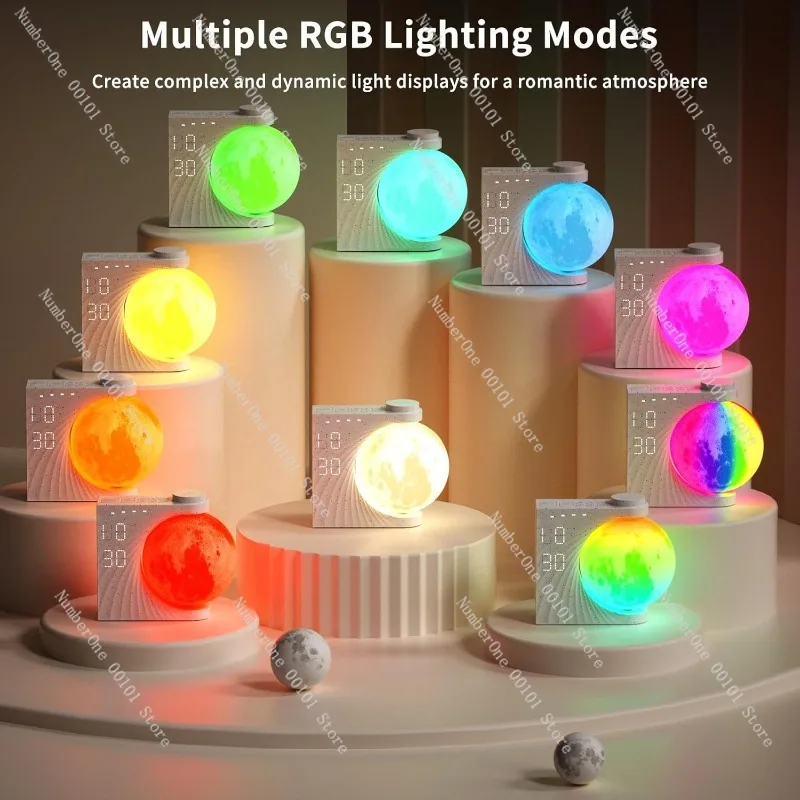 Colorful Moon Atmosphere Wake Up Light Breathing Night Lamp 3 Level Dimmable Alarm Clock Dual Alarm Timer White Noise Natural