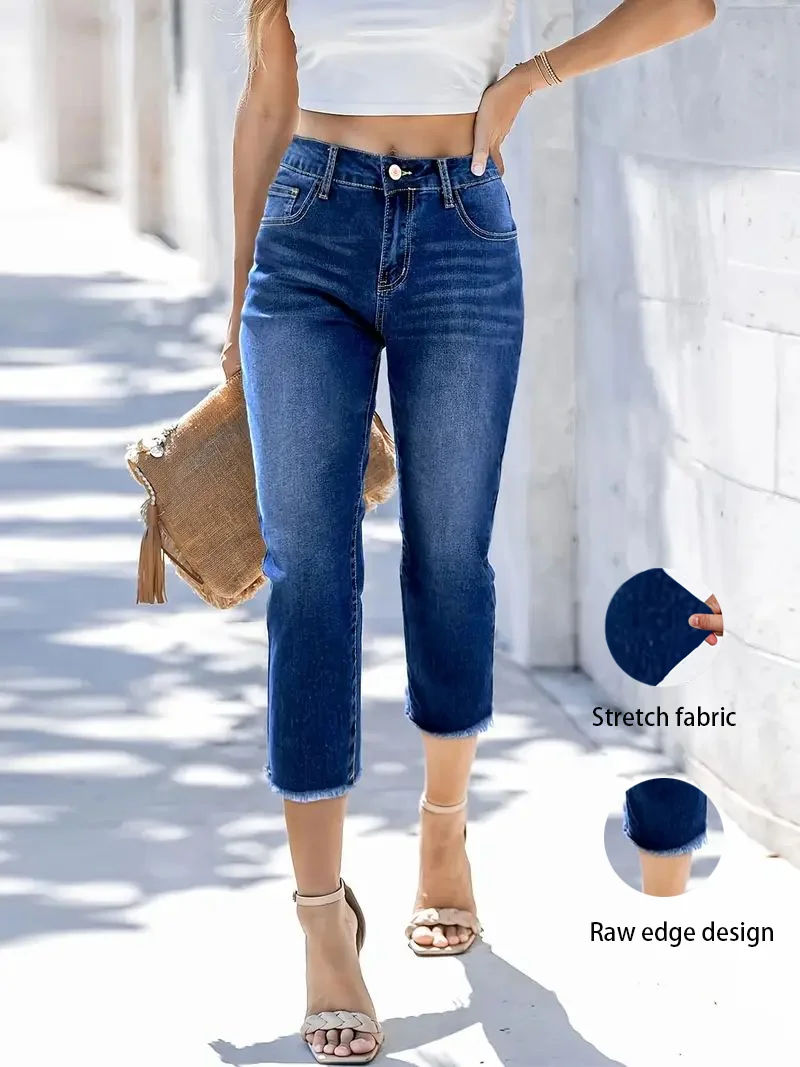 

Укороченные эластичные джинсы для девочек 2025 г. Модные синие облегающие повседневные джинсовые брюки с необработанными краями