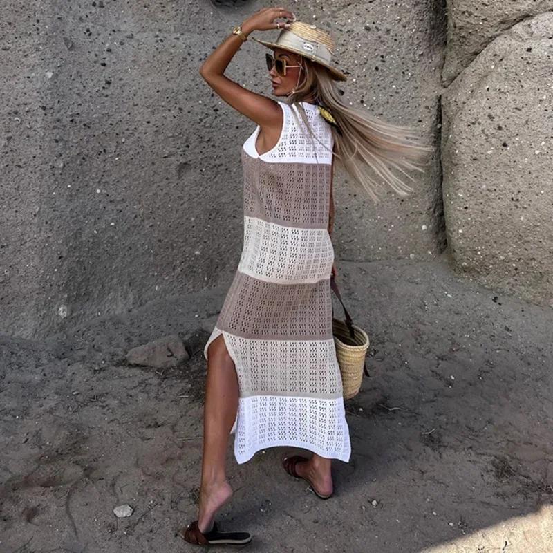 2024 الكروشيه التستر الشاطئ محبوك مثير الجوف خارج فستان صيفي المرأة فستان الشمس انظر من خلال تونك البيكينيات التستر بحر
