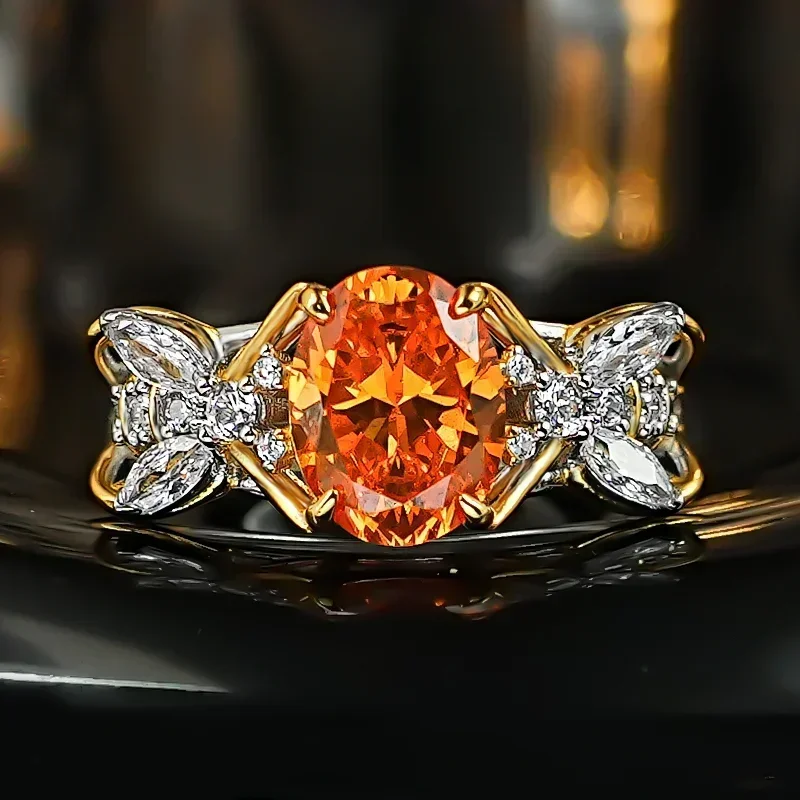 XUYUANFEN European and American Fenda Orange Retro S925 Silver Oval Ring, High Carbon Diamond Ice Flower Cut