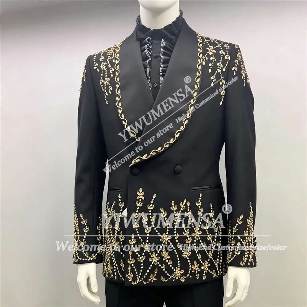 Exclusive Beaded Stones Suit Men For Wedding Double Breasted Jacket Pants 2 Piece Sets Groom Formal Party Tuxedos Ropa Hombre