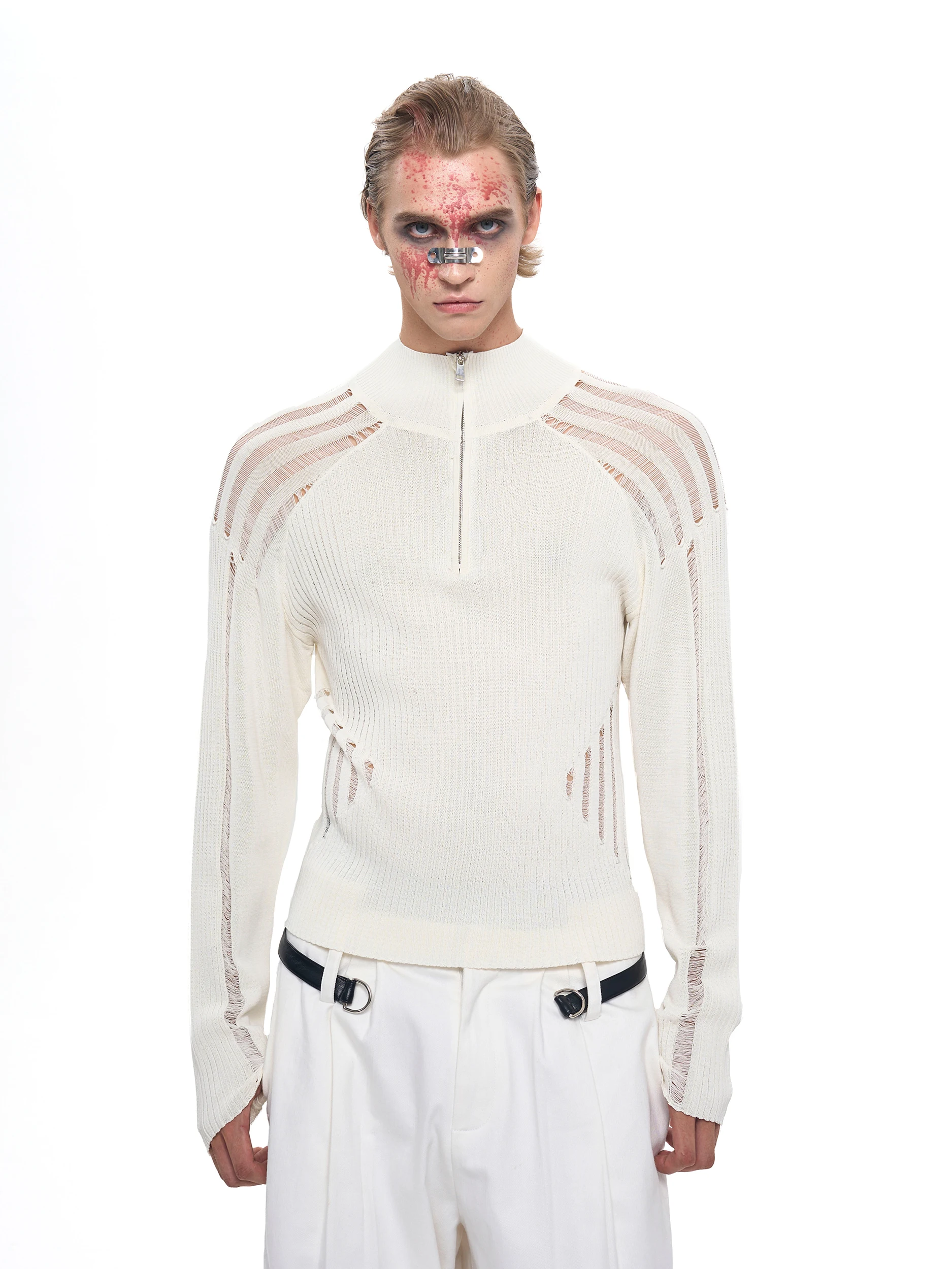 Black Thin Long Sleeved Sweater Cardigan Men in Early Autumn Hollowed Out Stand Up Collar Slim Fit Knit Sweater Jackets