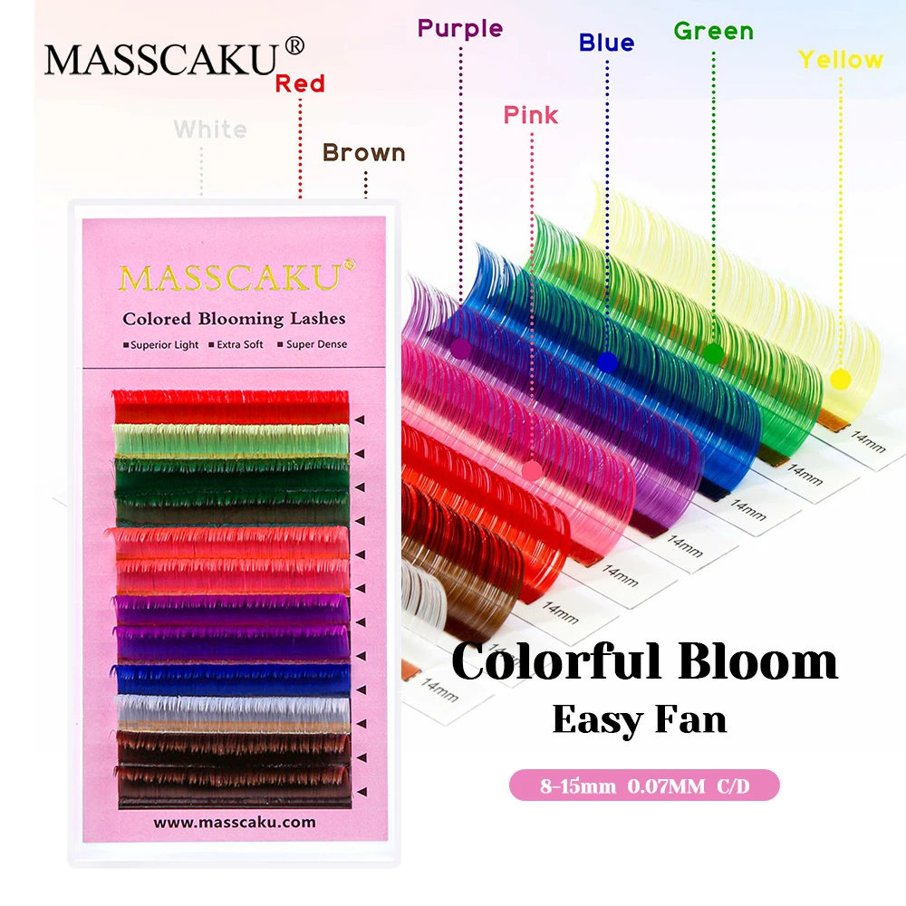 

12 Lines MASSCAKU Wispy Korean PBT Fiber Colorful Auto Flowering Lashes Natural Look Macaron Color Easy Fanning Lash Easy to Use