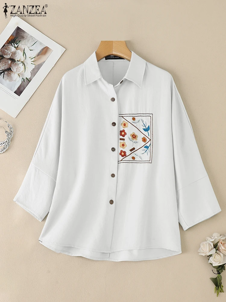 

2025 Summer Embroidery Shirts ZANZEA Women Elegant 3/4 Sleeve Work Blouses Casual Lapel Neck Office Blusas Autumn Tops Oversize