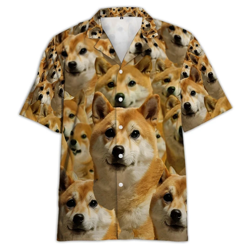 Shiba Inu kemeja motif 3D untuk pria, baju atasan pantai anjing lucu uniseks blus kerah kasual Hawaii untuk pria dan wanita