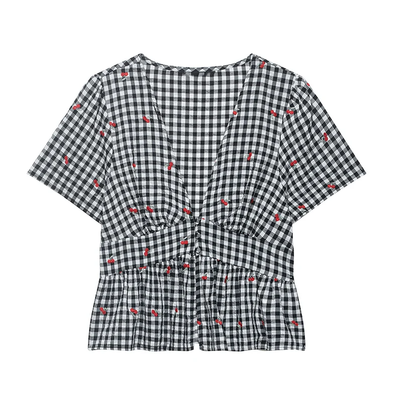 

Women's Plaid Embroidered Top 2026 New Summer V-neck Top Vacation Style Chic Personality Ladies Top