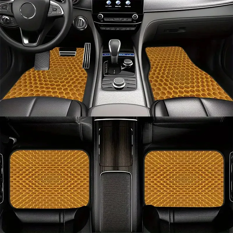 4pcs Minimalist Tech Hexagon Honeycomb Texture Printed Crystal Velvet Floor Mats, Artistic Easy-to-Clean Interior Accessories, S