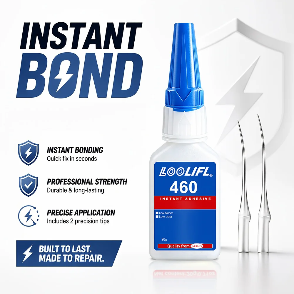 Loolifl 460 Instant Adhesive, 20g, Low-Odor, Low-Whitening Cyanoacrylate Super Glue, Comes with a Precision Dispensing Needle, Professional Strength for Instant Bonding, Suitable for Universal Repair of Plastics, Metal