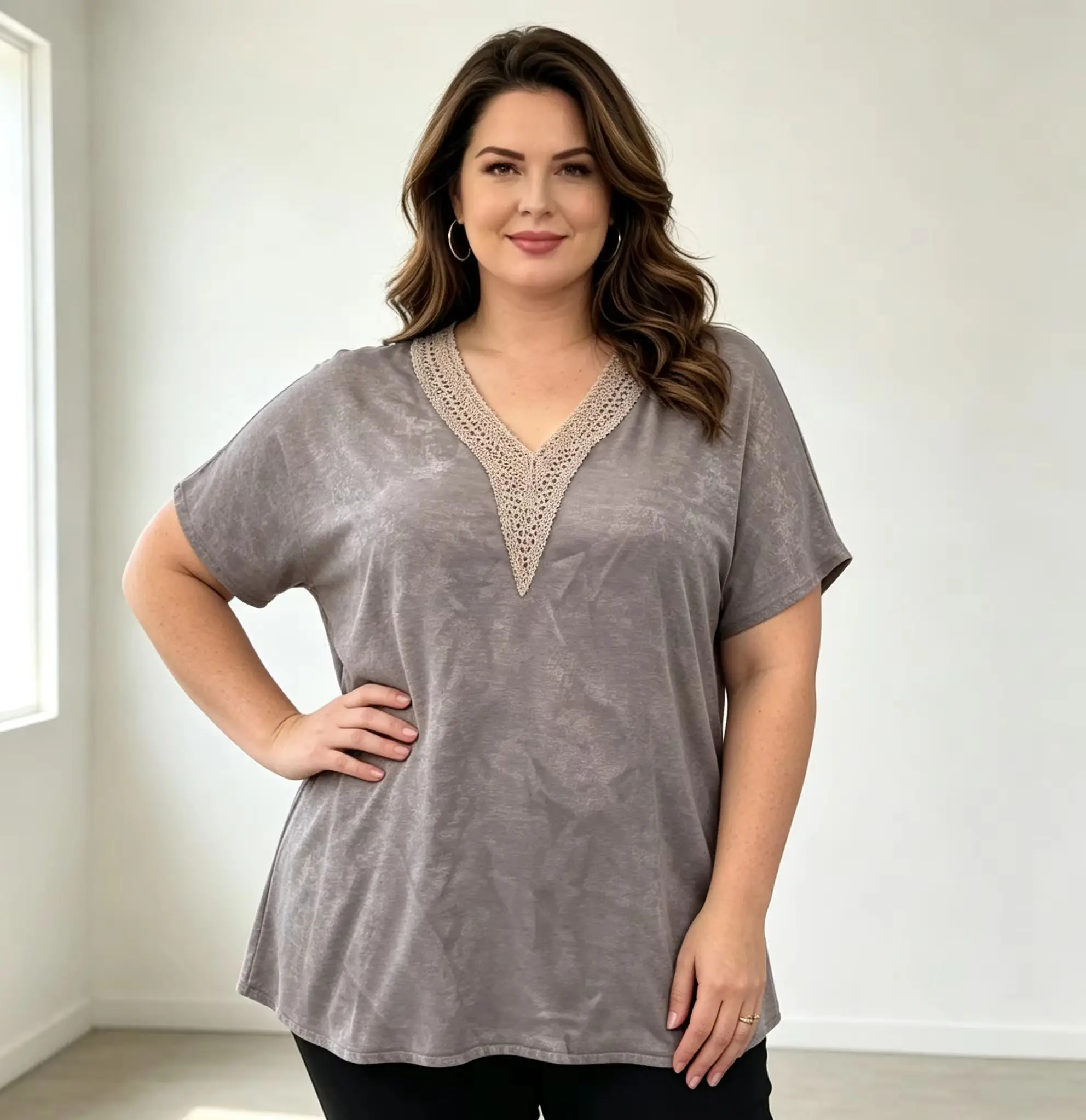 Plus Size Gray V‑Neck Lace Short Sleeve T‑Shirt For Women 40‑50 Years Old, Casual Loose Fit Soft Fabric Comfortable Daily Wear B
