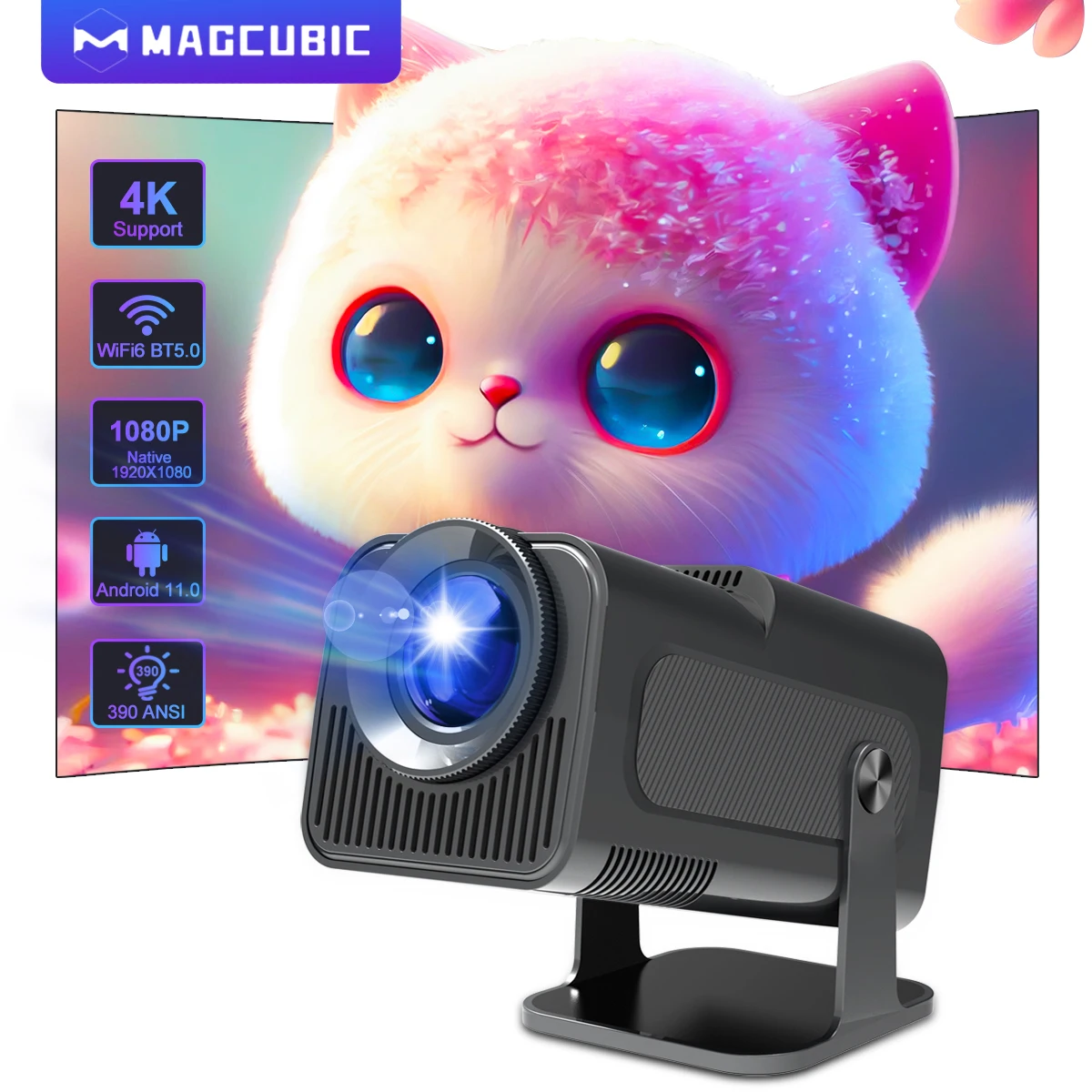 Magcubic Android11 Projector 1920*1080P 4K Wifi6 390ANSI AllwinnerH713 180° flexible BT5.0 Home Cinema Projetor Upgrated HY300