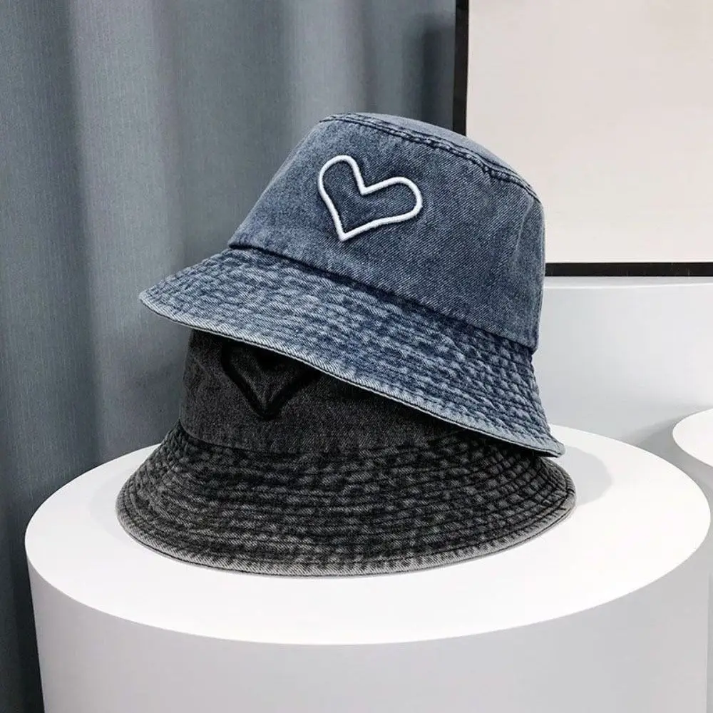 Fashion Big Brim Cowboy Fisherman Hat Sunshade Korean Style Love Heart Denim Bucket Hat Climbing Hiking Covering Basin Hat Women